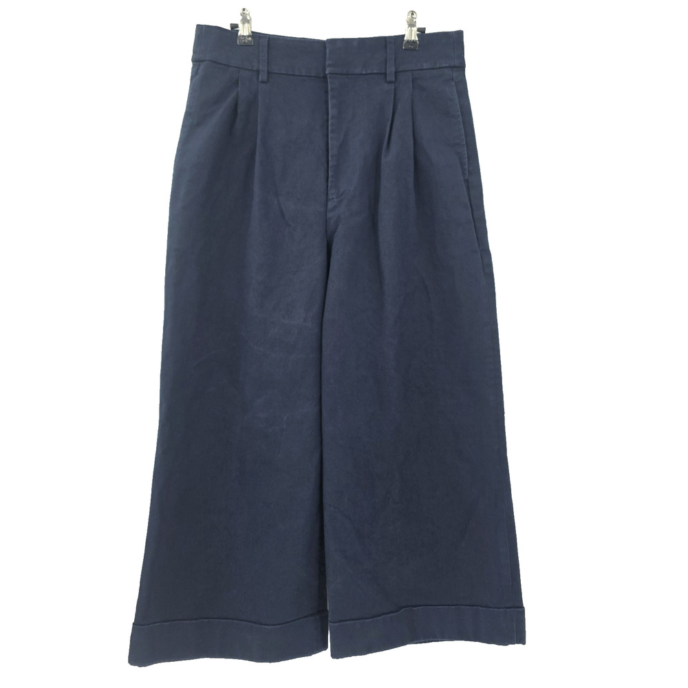 J Crew Women's 12T Wide Leg Crop Canvas Pants Navy Blue Pleat Front Zip
